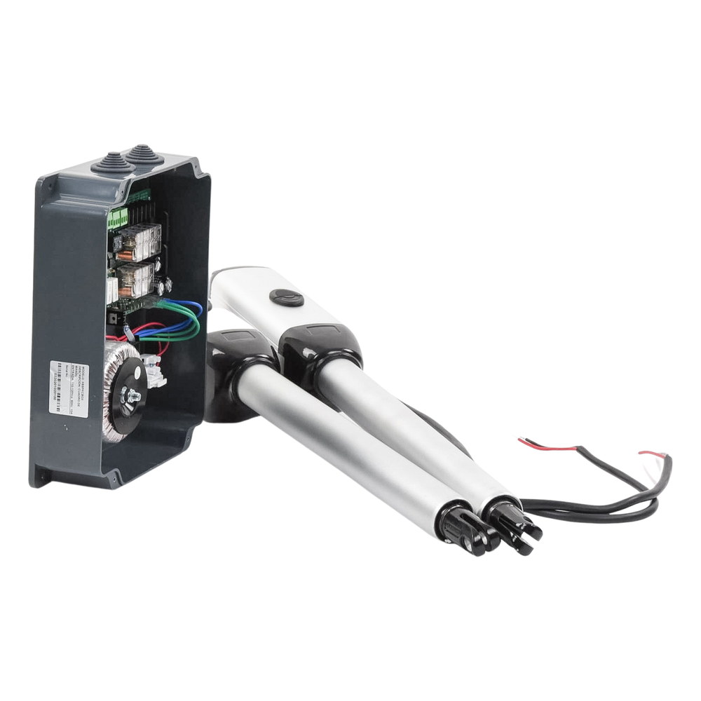 Kit de brazos para automatizar portones vehiculares abatibles de 2 hojas/ 3 Mts / 300 Kg / Uso solo residencial / Compatible con respaldo de energía