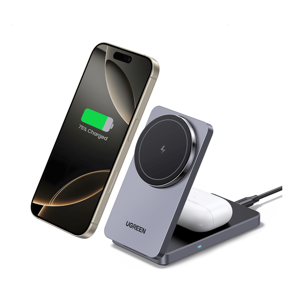 Cargador Inalámbrico 2 en 1 20W / Tecnología Qi2 15W Certificada / Carga Simultánea iPhone y AirPods / Ángulo Ajustable 70° / Diseño Plegable y