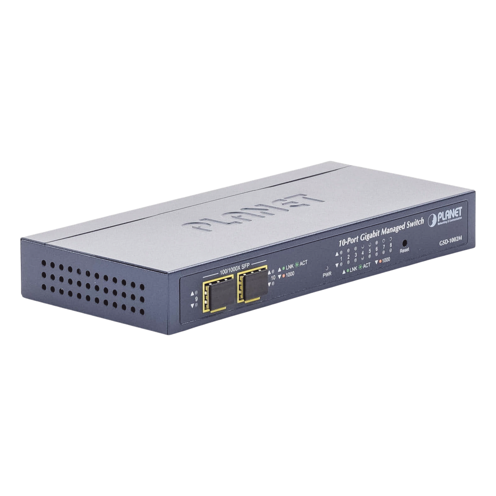 Switch Administrable de Escritorio de 8 Puertos Gigabit/ 2 Puertos SFP / 20 Gbps Switching / PoE In 802.3af/at / Dual Power DC + PoE / VLAN Q-in-Q