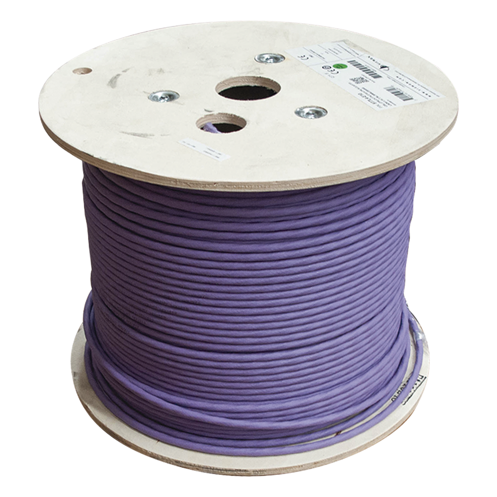 Bobina de Cable Blindado S/FTP de 4 Pares, Cat7A, Inmune a Ruido e Interferencias, LS0H (Bajo Humo, Cero Halógenos), Color Violeta, 305 Metros (1000