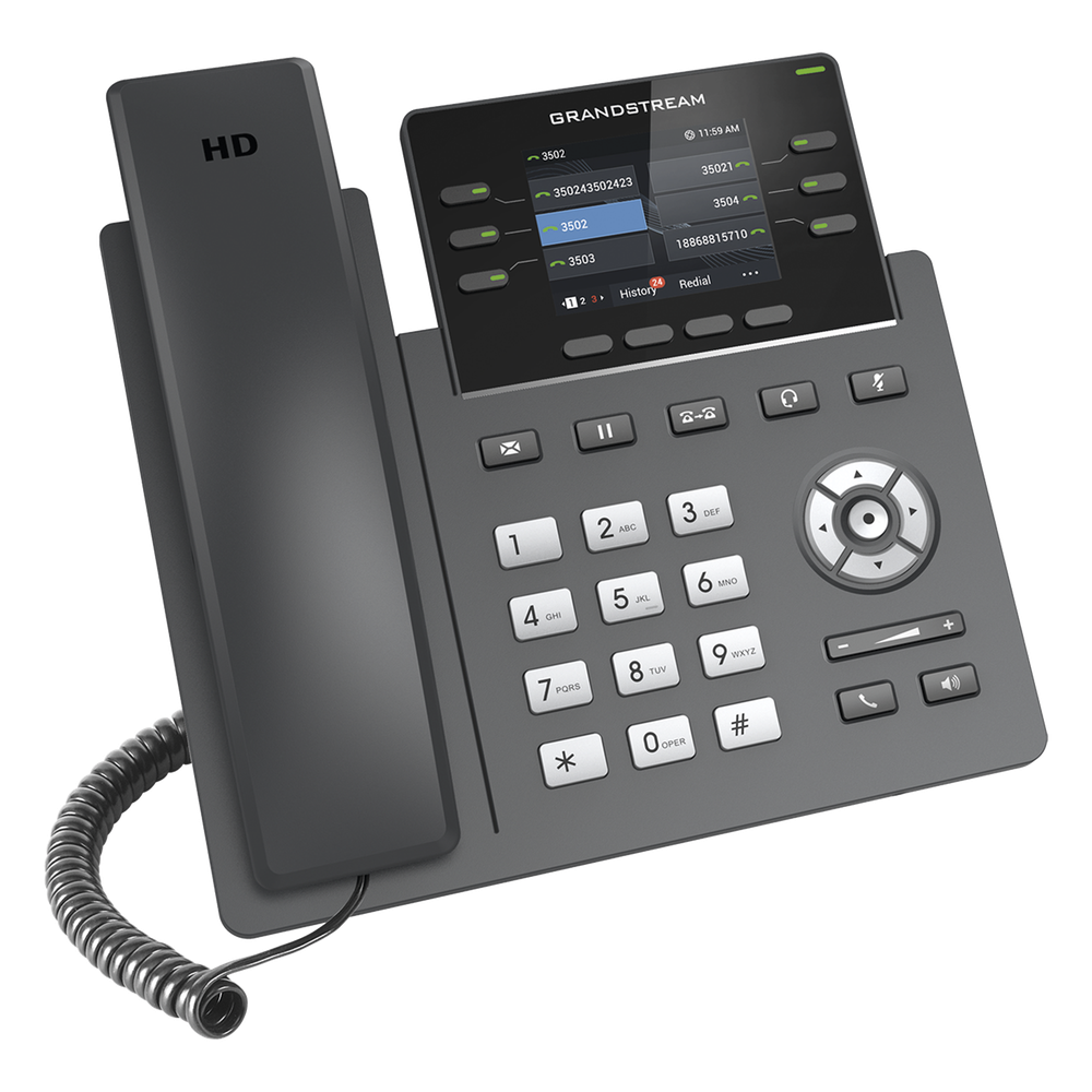 Teléfono IP Grado Operador, 3 líneas SIP con 6 cuentas, puertos Gigabit,PoE, pantalla a color 2.4", codec Opus, IPV4/IPV6 con gestión en la nube GDMS