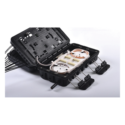 Caja de Distribución de Fibra Óptica para 24 Empalmes, con 16 acopladores SC/APC simplex, Exterior IP65, Color Negro