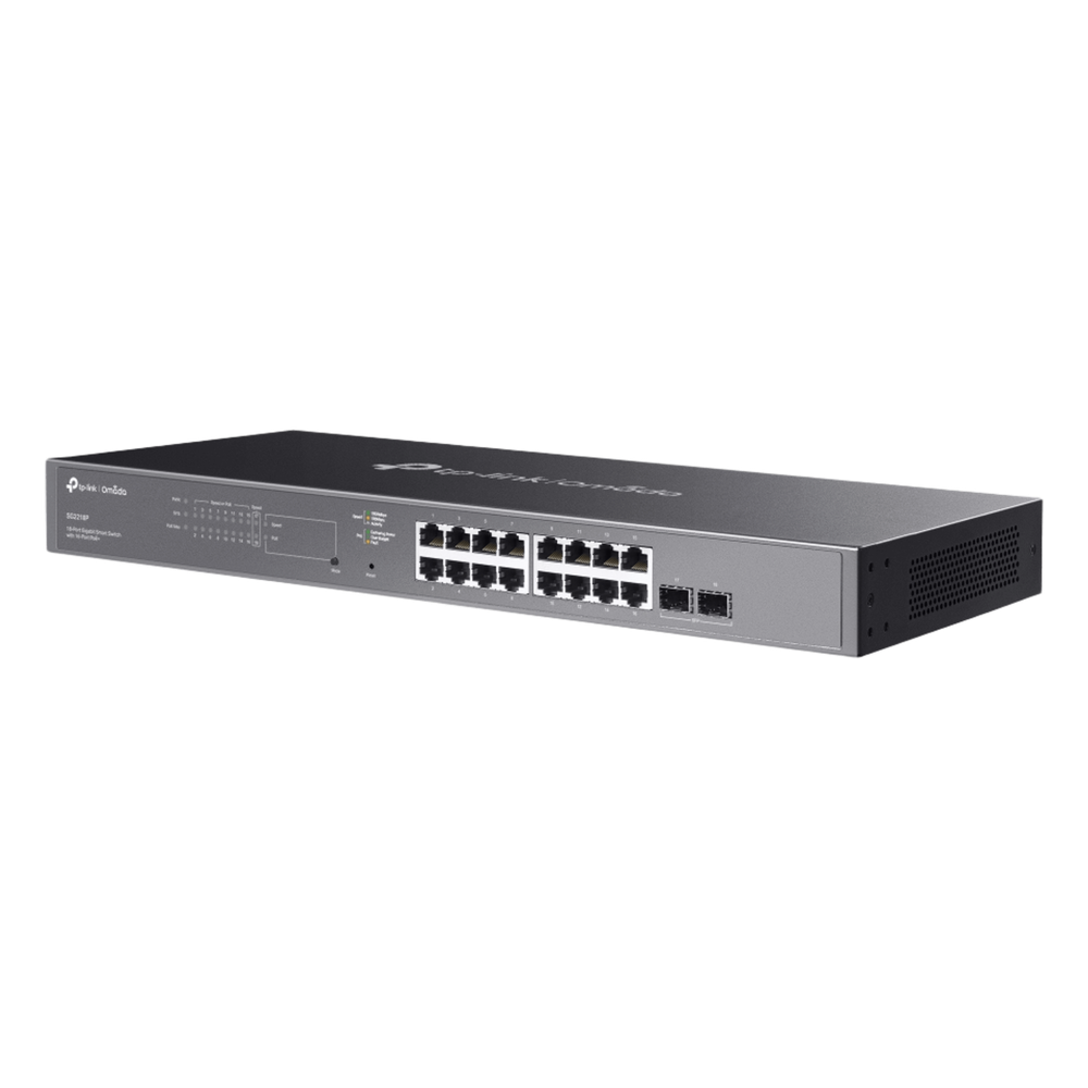 Switch Smart Omada 18 Puertos Gigabit / 16 Puertos PoE+ 802.3af/at / 2 Ranuras SFP Gigabit / Presupuesto PoE 150 W / Switching 36 Gbps / Enrutamiento