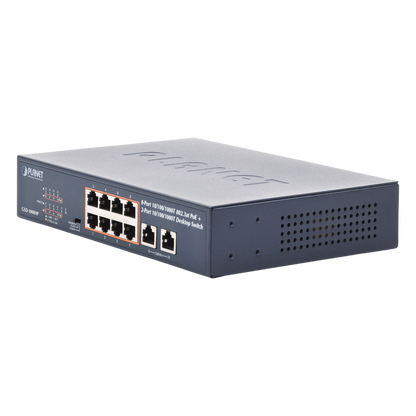 Switch de Escritorio No Administrable / 8 Puertos 10/100/1000T PoE+ 802.3at / 2 Puertos Uplink 10/100/1000T / Presupuesto PoE 120 Watts / Modos