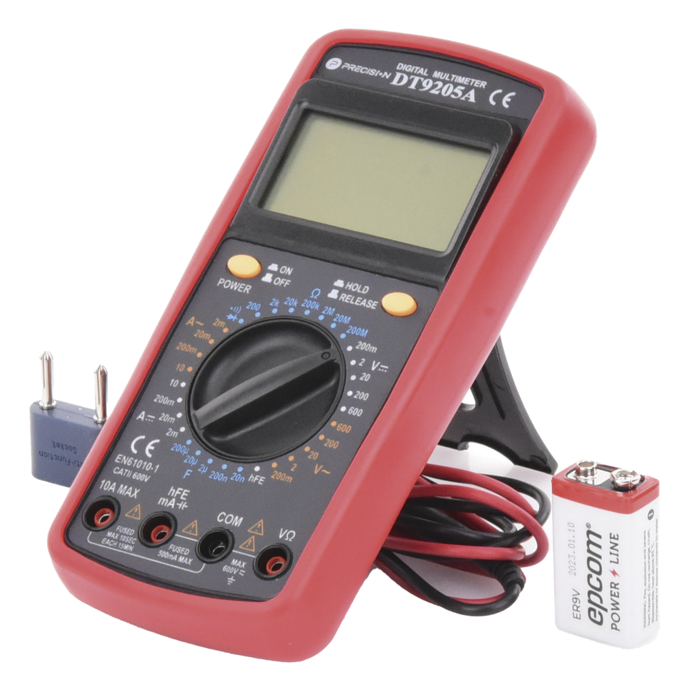 KIT Multímetro Digital DT9205A 600 Vcc / Vca CATII, con Pantalla LCD. Incluye Batería ER-9V de 9V
