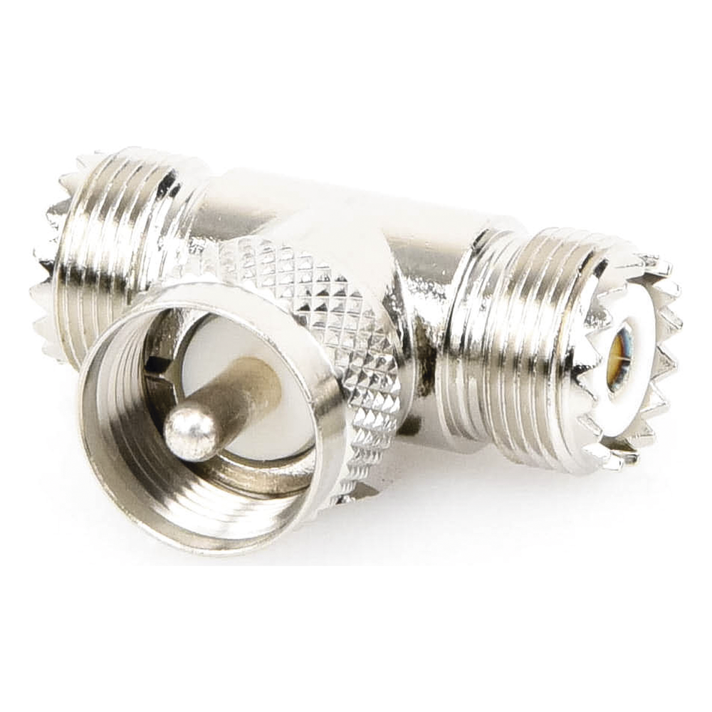 Adaptador en forma T, de Conector UHF Macho (PL-259) a Doble UHF Hembra (SO-239), Níquel/ Plata/ Delrin
