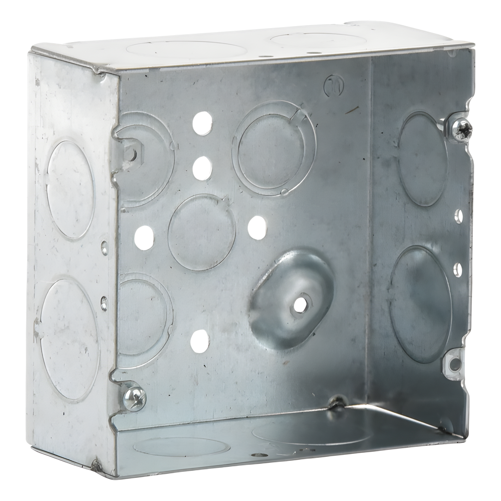 Caja Cuadrada 4 11/16" x 4 11/16"/ Profundidad 2- 1/8"/ 4 Entradas 1", 4 Entradas 3/4", 1 Entrada 1/2" y 3 TKO (1/2"-3/4").