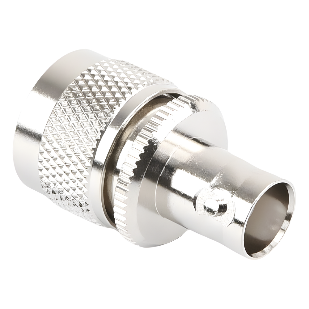 Adaptador en Línea para 50 Ohm, Conector BNC Hembra-UHF Macho (PL-259), Níquel/ Plata/ Delrin