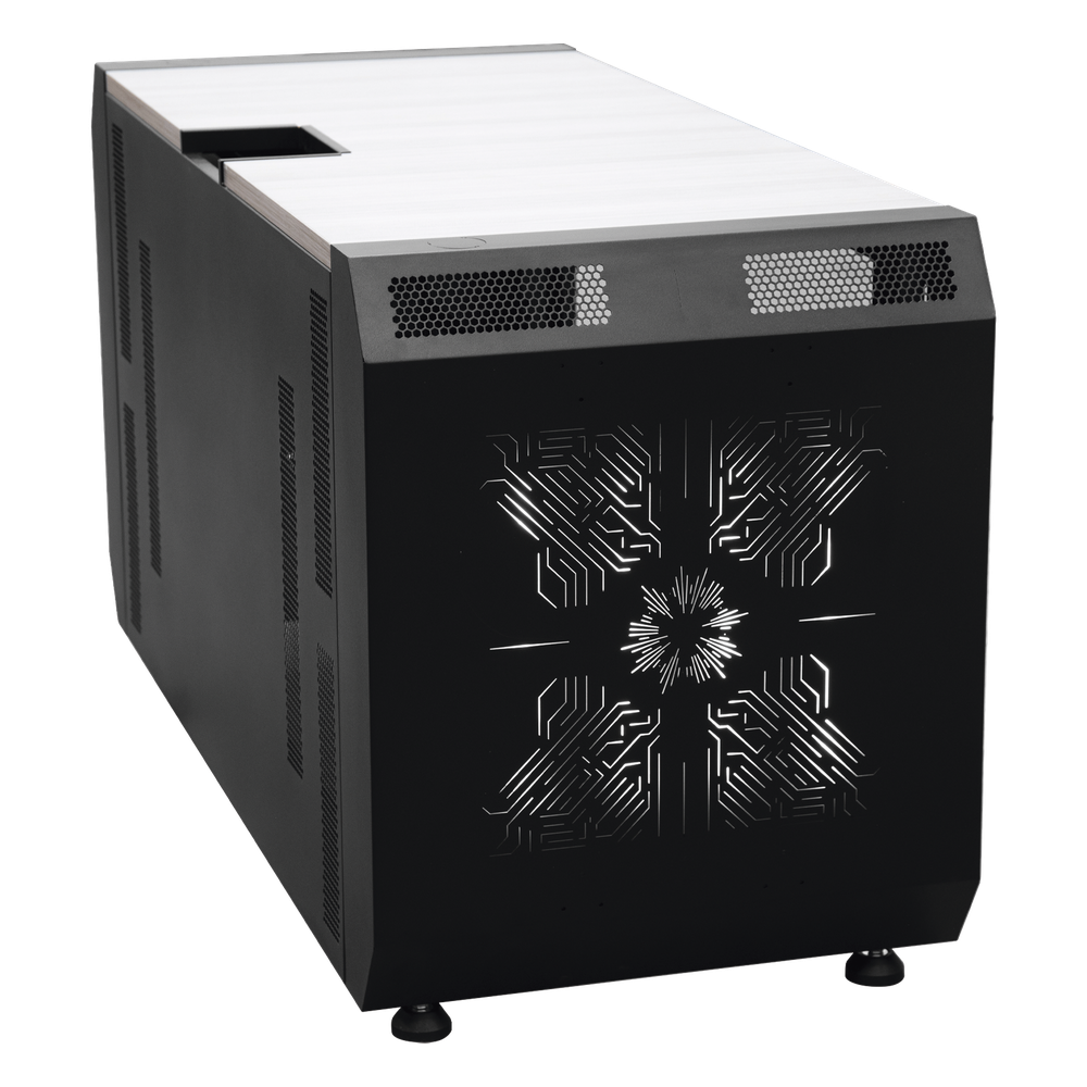 Consola Profesional para Monitoreo o Computo | Ranura para Base de Monitores | Microperforaciones | Luces LED Decorativas | Tomacorriente HTCM1U10C |