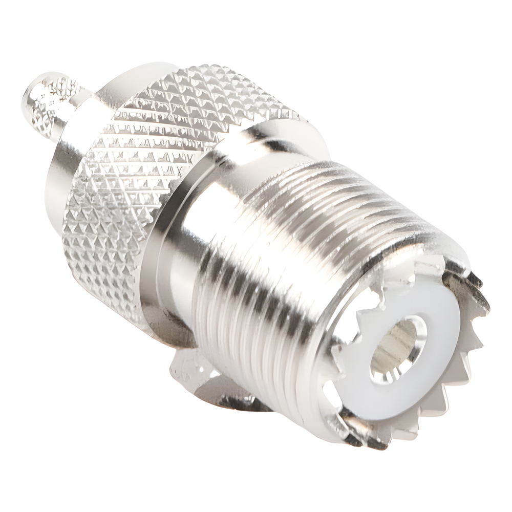 Conector UHF Hembra (SO-239) en Línea, de Anillo Plegable para Cable RG-58/U, RG-142/U, Níquel/ Plata/ Delrin