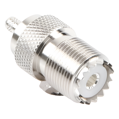 Conector UHF Hembra (SO-239) en Línea, de Anillo Plegable para Cable RG-58/U, RG-142/U, Níquel/ Plata/ Delrin