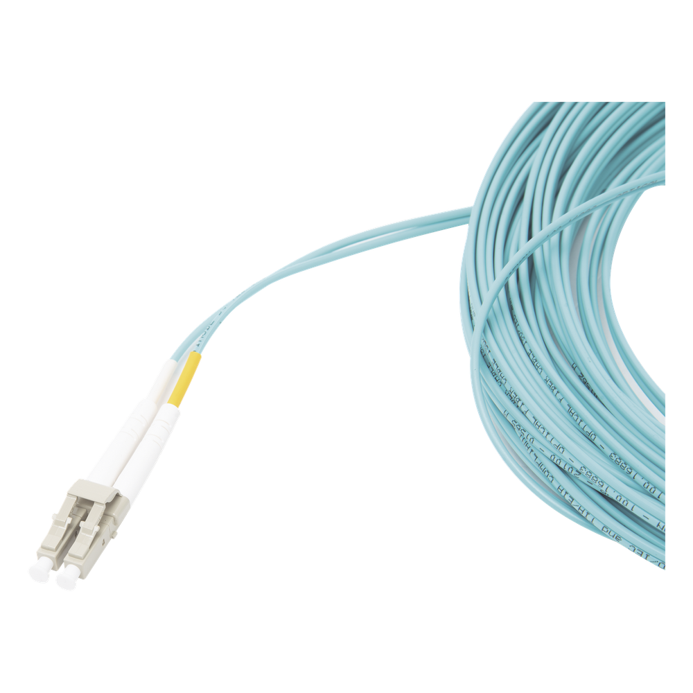 Jumper de Fibra Óptica Multimodo 50/125 XGLO OM3, LC-LC Duplex, OFNR, Color Aqua, 15 Metros (49.21 Pies)