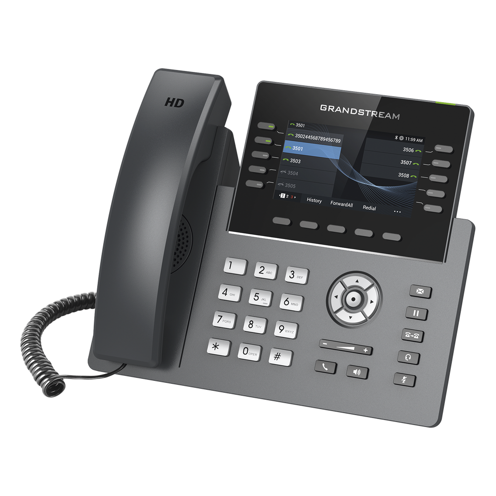 Teléfono IP Wi-Fi, Grado Operador, 10 líneas SIP con 5 cuentas, pantalla a color 4.3", puertos Gigabit, Bluetooth, PoE, codec Opus, IPV4/IPV6 con