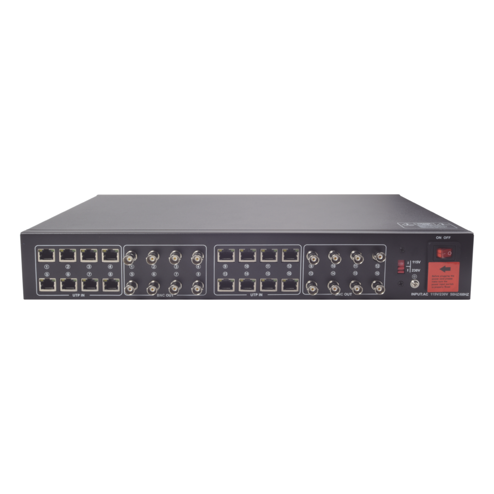 Kit de TRANSCEPTOR ACTIVO DE 16 Canales / VIDEO+PODER en un solo Cable UTP / 150m en 4K, 200m en 5 MP/ Envía 36 Vcc y recibe 12 Vcc / TODO INCLUIDO