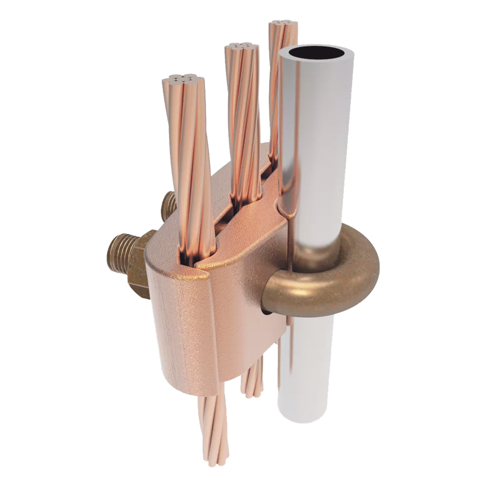 Conector Mecánico para 3 Cables para Calibre 2/0 AWG - 250 KCMIL a Tubería de 3/8" o Varilla 5/8" - 3/4".