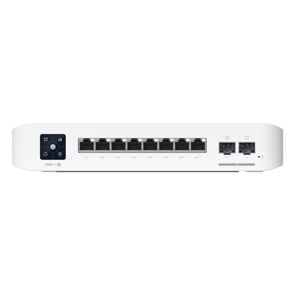 Switch UniFi Pro 8 PoE Administrable Capa 3, 8 puertos GbE / (6) puertos POE+ af/at y (2) puertos POE++ 802.3bt / (2) puertos SFP+ 10G / 120W de