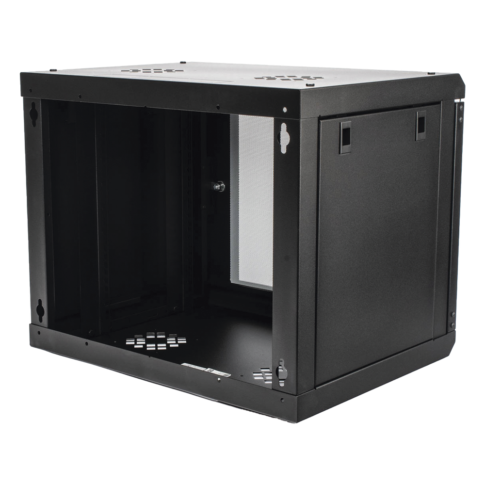 Gabinete de Pared de 9U con Puerta de Cristal Templado, 455 mm de Profundidad, Rack de 19'', Acero Reforzado Color Negro.