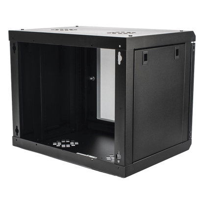 Gabinete de Pared de 9U con Puerta de Cristal Templado, 455 mm de Profundidad, Rack de 19'', Acero Reforzado Color Negro.