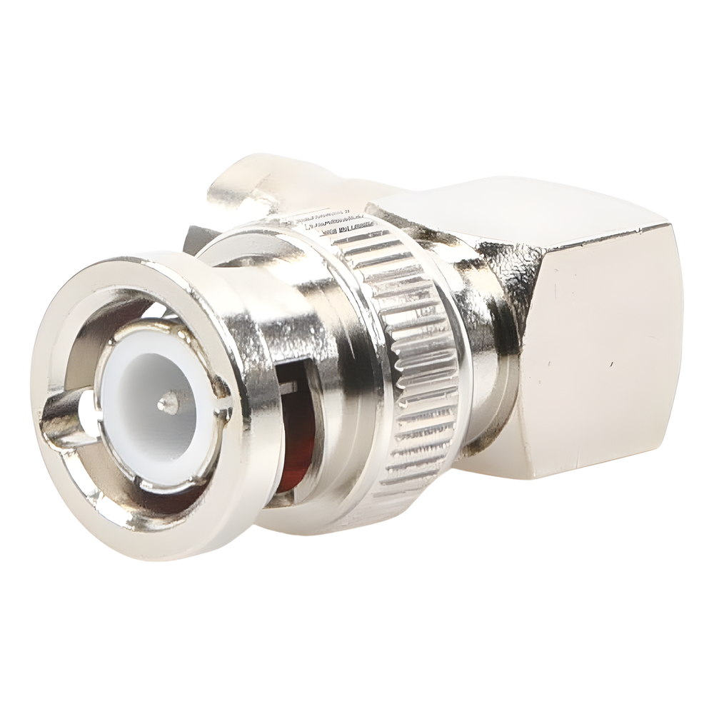 Adaptador RF en Ángulo Recto / Conector BNC Macho a BNC Hembra / 50 Ohm / Cuerpo Bronce Níquel / Contacto Plata / Aislante Teflón
