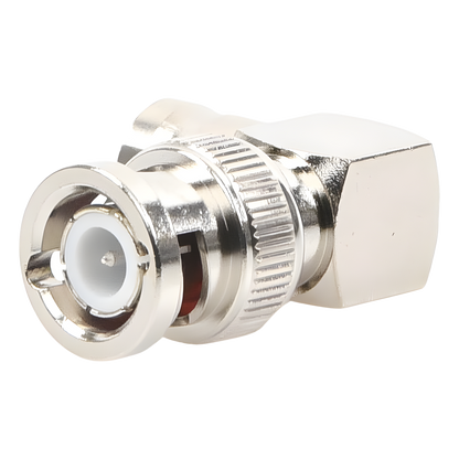 Adaptador RF en Ángulo Recto / Conector BNC Macho a BNC Hembra / 50 Ohm / Cuerpo Bronce Níquel / Contacto Plata / Aislante Teflón