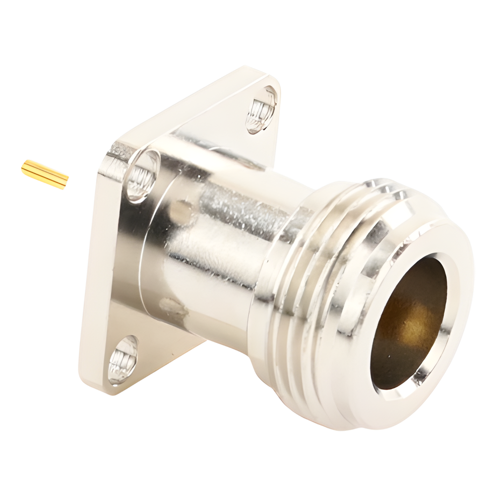 Conector N Hembra de Montaje de Panel con 4 perforaciones a 12.7 mm, soldable