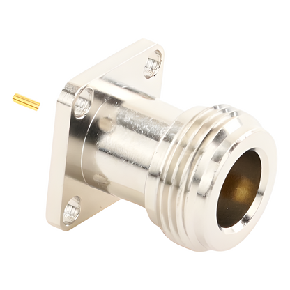 Conector N Hembra de Montaje de Panel con 4 perforaciones a 12.7 mm, soldable
