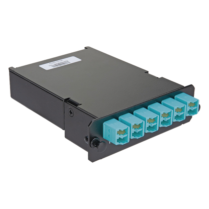 Placa Acopladora de Fibra Óptica FAP, Con 12 Pigtails y 6 Conectores LC Duplex (12 Fibras), Para Fibra Multimodo OM3/OM4, Color Aqua