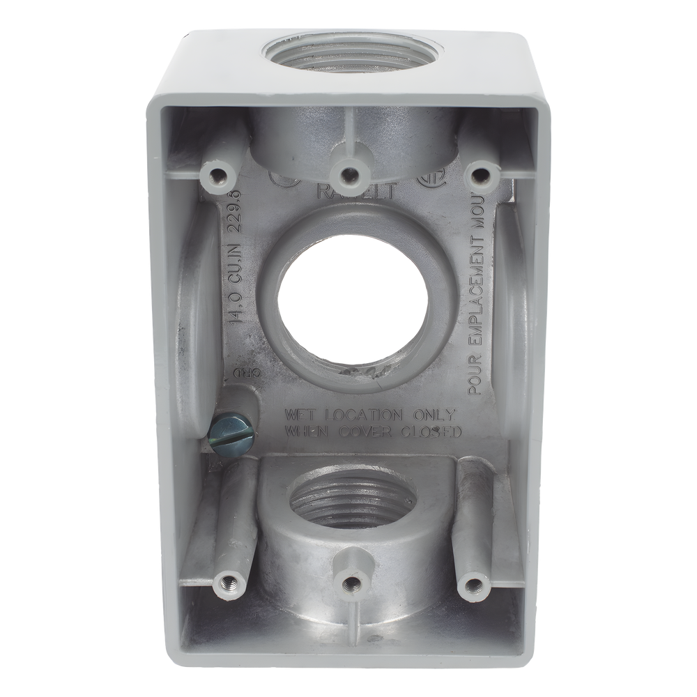 Caja Condulet FS de 1" (25.4 mm ) con tres bocas una arriba y una atrás a prueba de intemperie.