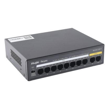 Switch PoE+ no Administrable, Hasta 110 Watts, 8 puertos PoE+ y 2 Uplinks 10/100