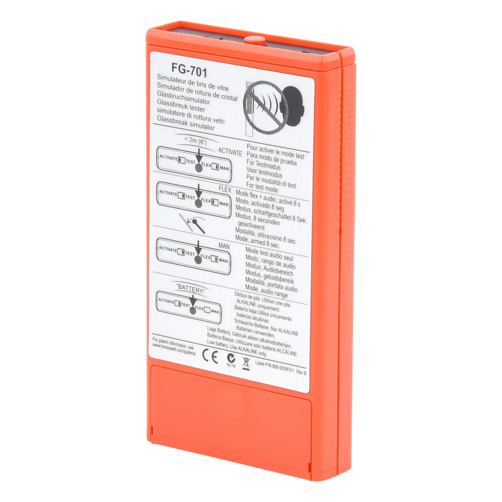 Simulador de rotura de vidrio para pruebas de detectores FlexGuard, modos manual y flex, con activación remota hasta 10 pies
