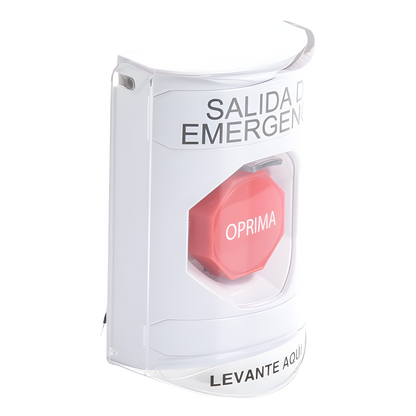 Botón de Emergencia, Texto en Español, Tapa Protectora de Policarbonato Súper Resistente, Restablecimiento con Llave