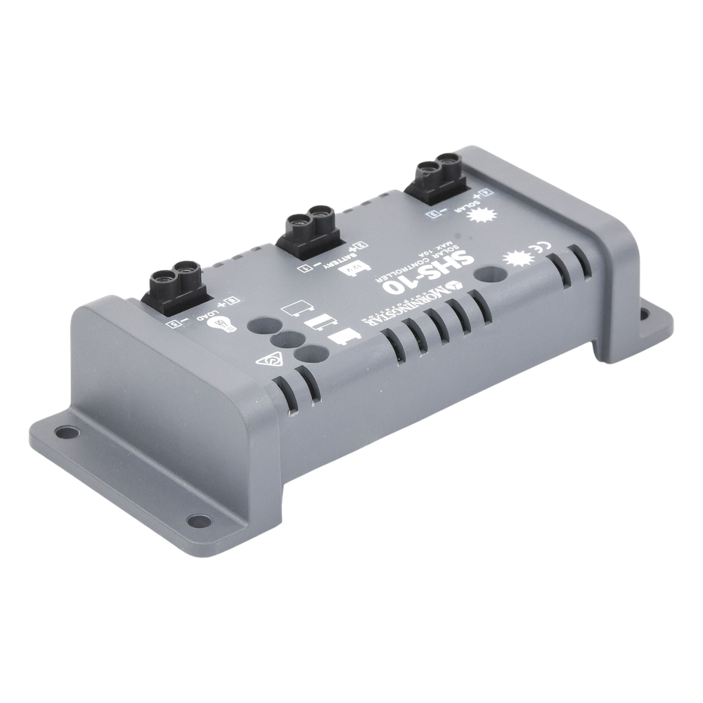 Controlador de Carga Solar PWM 10 A / 12 VCC / Desconexión Automática / IP22 / Protección Integral / Bajo Consumo 8 mA