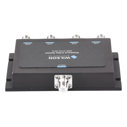 Divisor de potencia de 4 vías para la distribución de señal a dos antenas de servicio | 6 dB de pérdida por puerto | Conectores F hembra