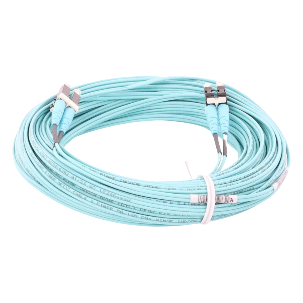 Jumper de Fibra Optica Multimodo 50/125 OM4, LC-LC Duplex, OFNR (Riser), Color Aqua, 20 Metros (65.62 Pies)