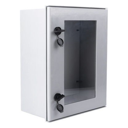 Gabinete de Poliéster IP65 Puerta Transparente, Uso en Intemperie (400 x 500 x 200 mm) con Placa Trasera Interior de Plástico (Incluye Chapa y Llave).