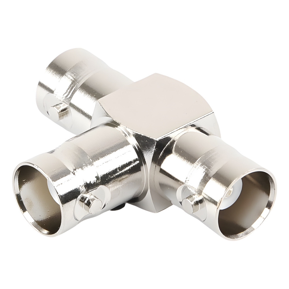 Adaptador Triple en T para 50 Ohm de BNC Hembra a Doble BNC Hembras, Níquel/ Plata/ Teflón