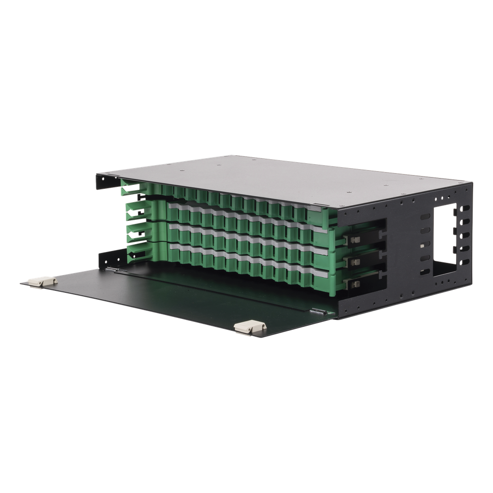 Distribuidor de Fibra Óptica con Bandejas Deslizables, Vacío, 19 Pulgadas (48.26 cm), Acepta 48 Adaptadores LC Duplex o LC Simplex o 48 SC Simplex, 3U