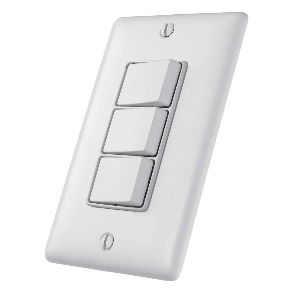 Interruptor Residencial 15 A 120 V, con 3 Bases Unipolares, Cableado lateral, Color Blanco.