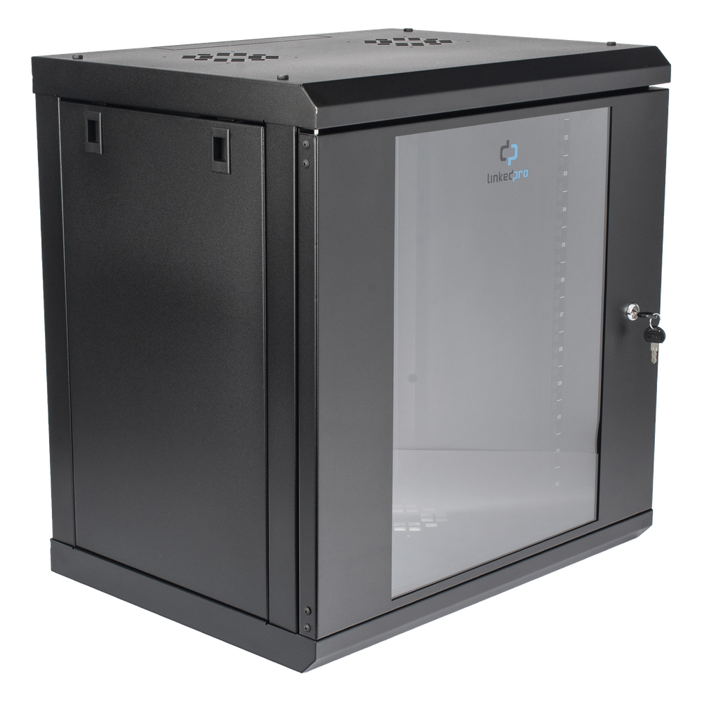 Gabinete de Pared de 12U con Puerta de Cristal Templado, 455 mm de Profundidad, Rack de 19'', Acero Reforzado Color Negro.