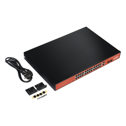 Switch PoE (802.3af/at/bt) / No administrable de largo alcance / Hasta 250m / Con 24 x 10/100Mbps + 2 x SFP Gigabit Combo / 250 W
