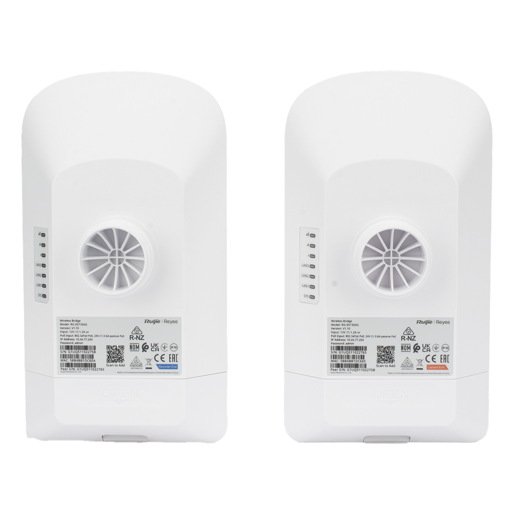 Kit Punto a Punto Ruijie RG-EST350G / Wi-Fi 5 (802.11ac Wave2) 867 Mbps / Antena 16 dBi MIMO 2x2 MU-MIMO / 3 Puertos Gigabit / Alcance 5 km (16,404