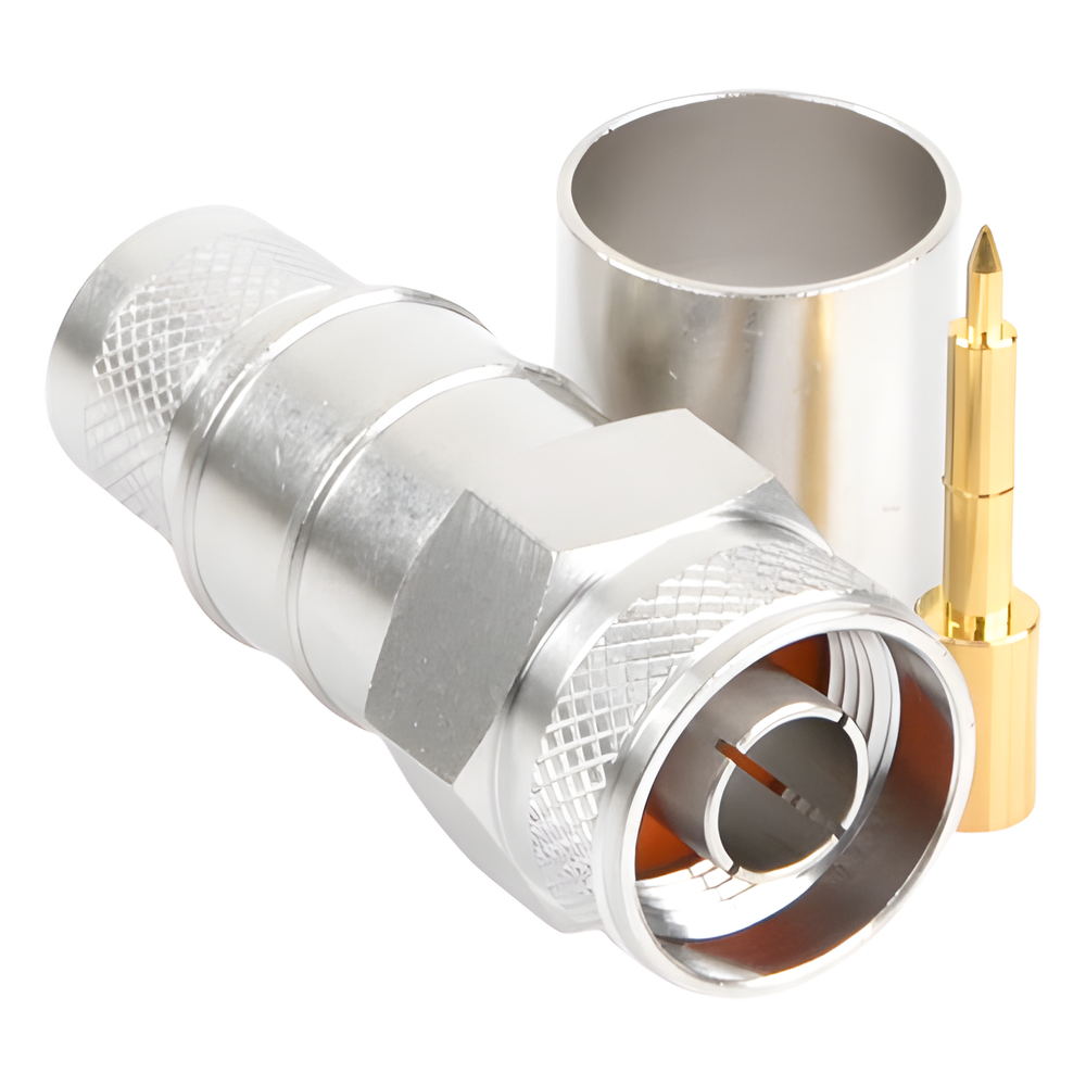 Conector N Macho Hexagonal de Anillo Plegable / Cable LMR-600, CNT-600, LP-600, Belden 7977A / Cuerpo Bronce Plateado / Contacto Oro / Aislante Teflón