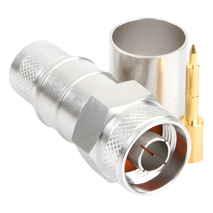 Conector N Macho Hexagonal de Anillo Plegable / Cable LMR-600, CNT-600, LP-600, Belden 7977A / Cuerpo Bronce Plateado / Contacto Oro / Aislante Teflón