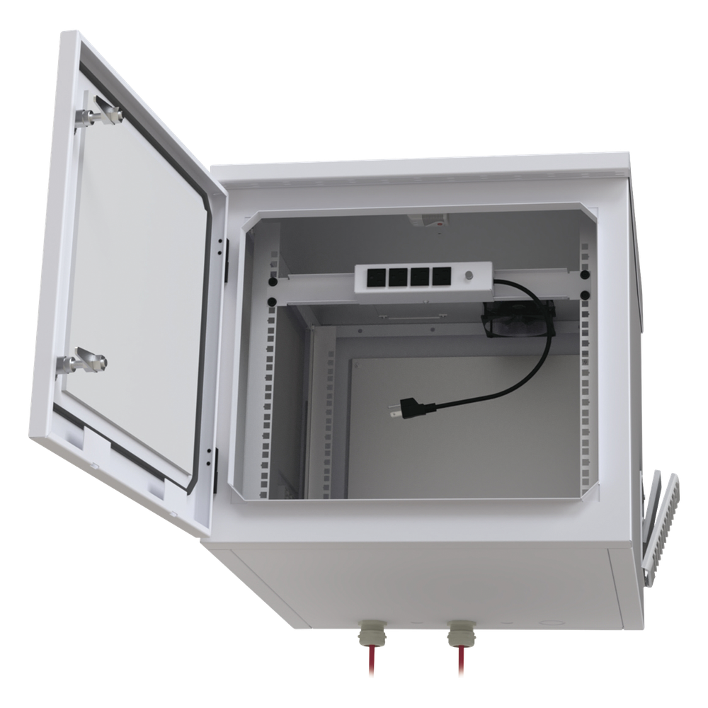 Gabinete PROFUNDO hasta 705 mm de profundidad, de Exterior de 9UR con Ventiladores y Termostato, Se envía el Gabinete Armado, (Montaje a poste o