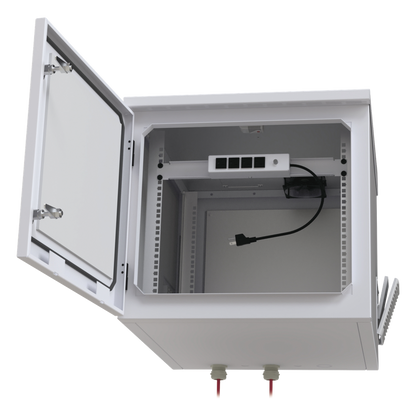 Gabinete PROFUNDO hasta 705 mm de profundidad, de Exterior de 9UR con Ventiladores y Termostato, Se envía el Gabinete Armado, (Montaje a poste o