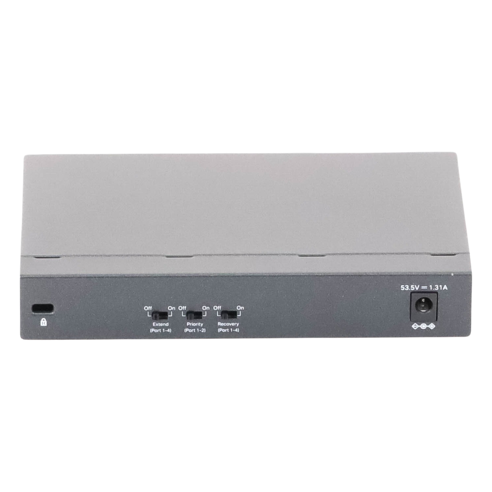 Switch PoE no Administrable de escritorio / 6 puertos 10/100 Mbps / 4 puertos PoE af/at / Presupuesto 67 W / Modo Extensor hasta 250 m / Calidad