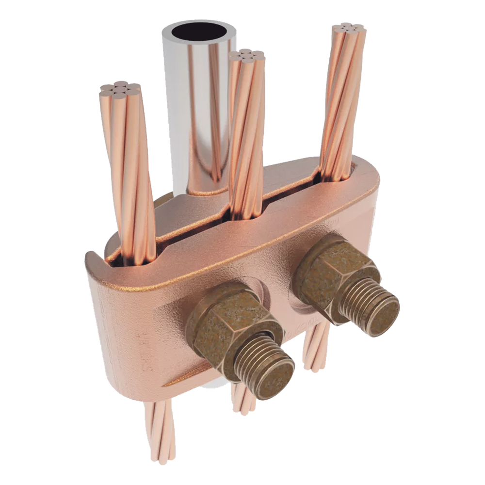 Conector Mecánico para 3 Cables para Calibre 2/0 AWG - 250 KCMIL a Tubería de 3/8" o Varilla 5/8" - 3/4".