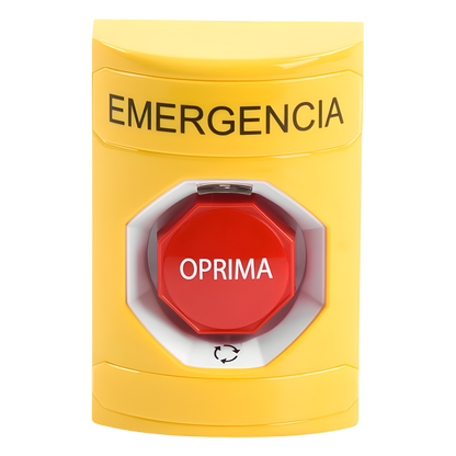 Botón de Emergencia en Español, Color Amarillo, Acción Mantenida, Girar para Restablecer y LED Multicolor