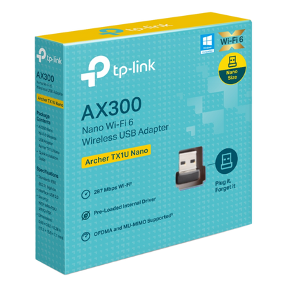 Adaptador USB Inalámbrico AX300 / Wi-Fi 6 2.4 GHz / 287 Mbps / Nano Size / OFDMA y MU-MIMO / Driver Pre-cargado / WPA2-PSK