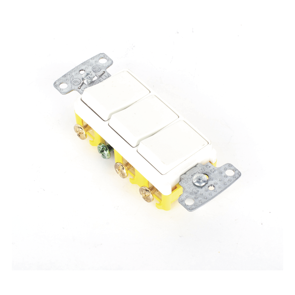 Interruptor Residencial 15 A 120 V, con 3 Bases Unipolares, Cableado lateral, Color Blanco.